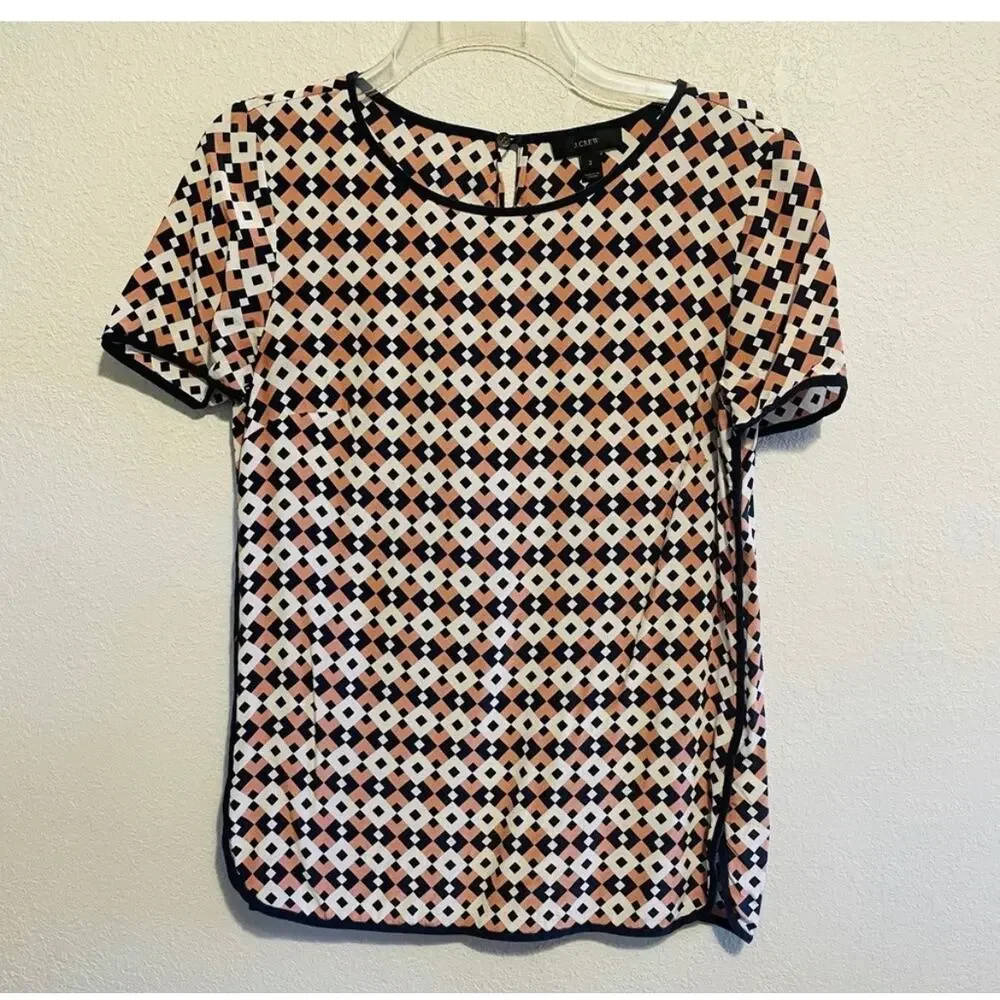 J. Crew Navy and Blush Geometric Pattern Silk Blouse Size 2